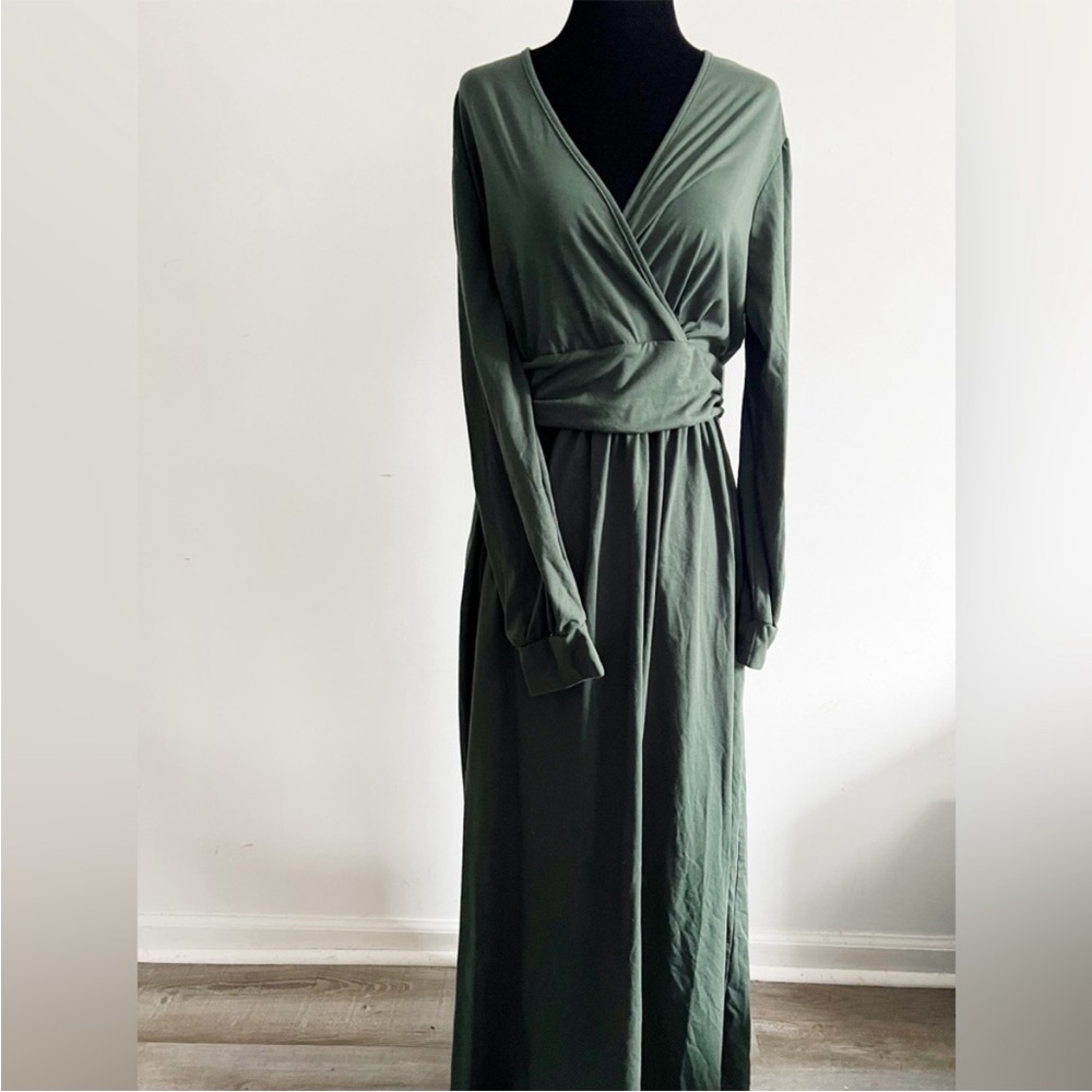 Long Sleeve Faux Wrap Style Midi Maxi Dress in Hunter Dress